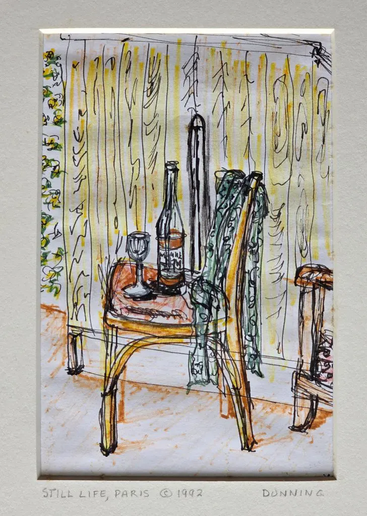 John Bart Hotel, Paris, France, Still Life: Chair with Wine | Colored pencil on paper | 8”x10” (w/mat)