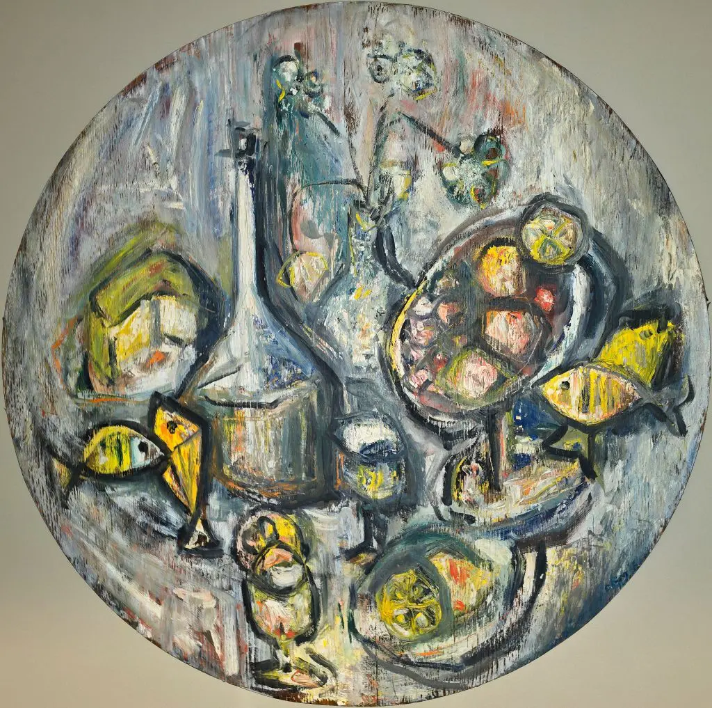 Les Fromages, Les poisons, et du Vin | Oil on wood | 48" diameter