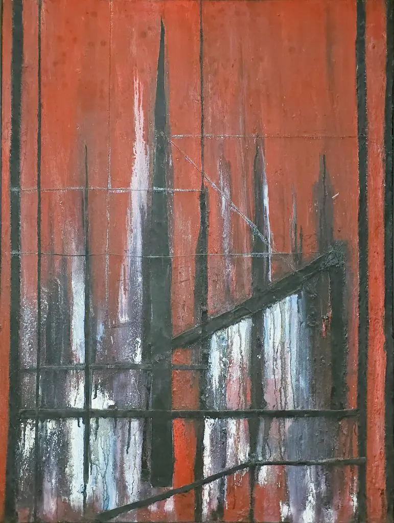 Red and Black (Cityscape) | Mixed media on canvas | 36”x48”