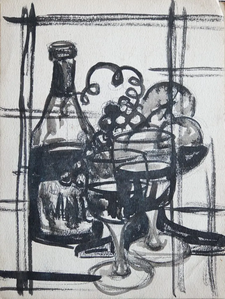 Still Life: Wine, Glasses and Fruit | Black watercolor on paper | 9"x12"
